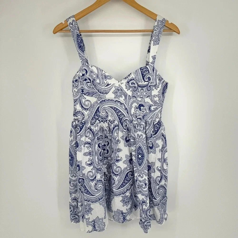 Zara Cotton Linen Cobalt Blue Paisley Classy Old Money Style Bustier Mini Dress